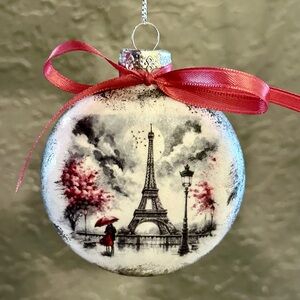 Hand-Crafted Parisian Glass Ornament Eiffel Tower Black/White/Red Vintage Stamps